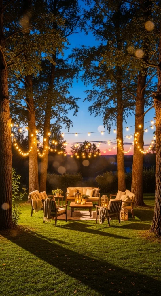 String Lights Through Trees