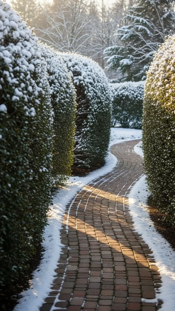 Curved Brick Pathway Through Evergreens