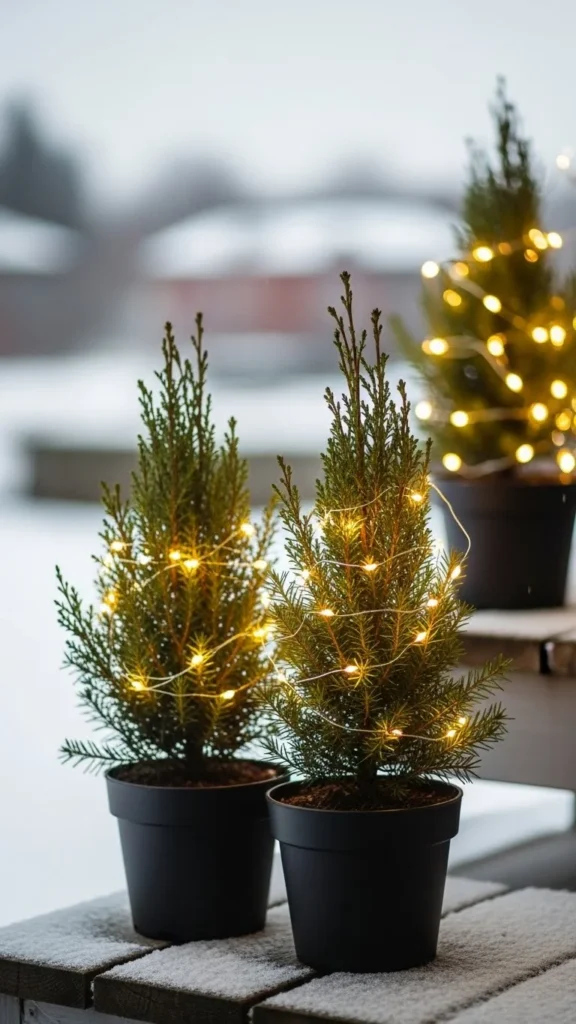 Fairy Lights Wrapped Around Potted Evergreens