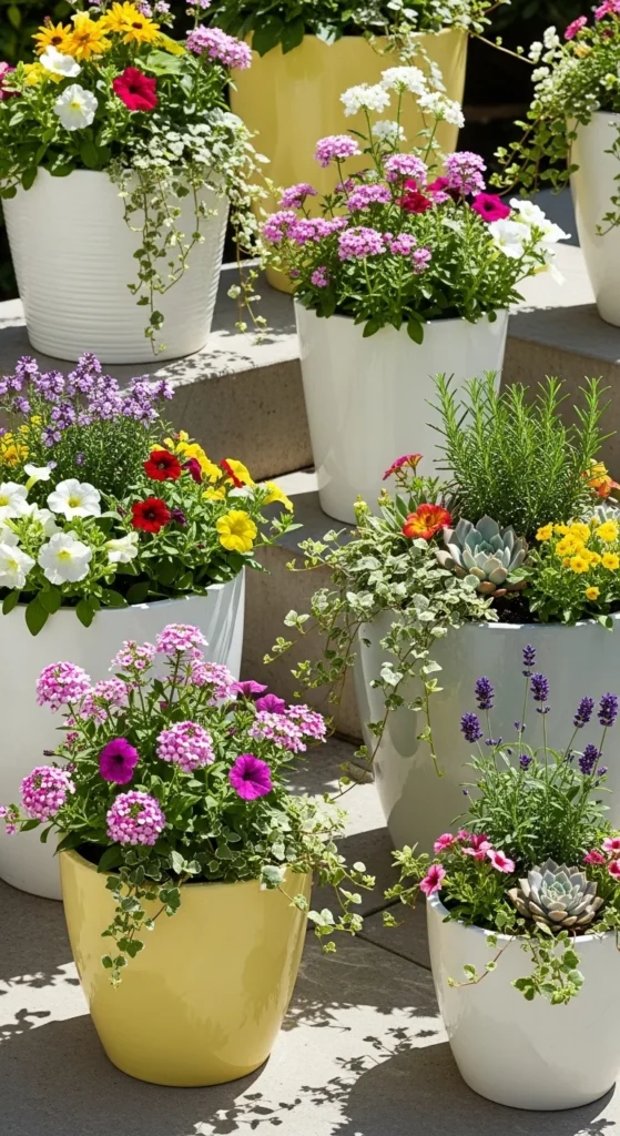 Container Gardens With Light-Colored Pots
