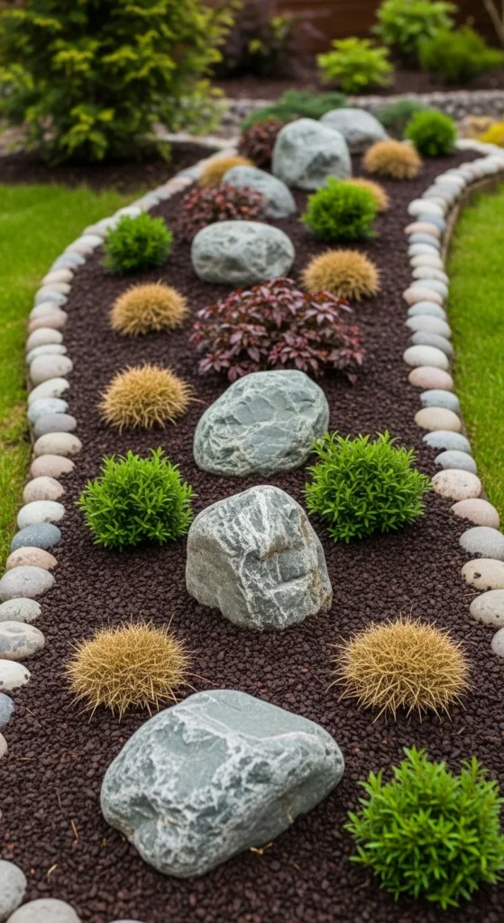 Layered River Rock Beds With Native Plants