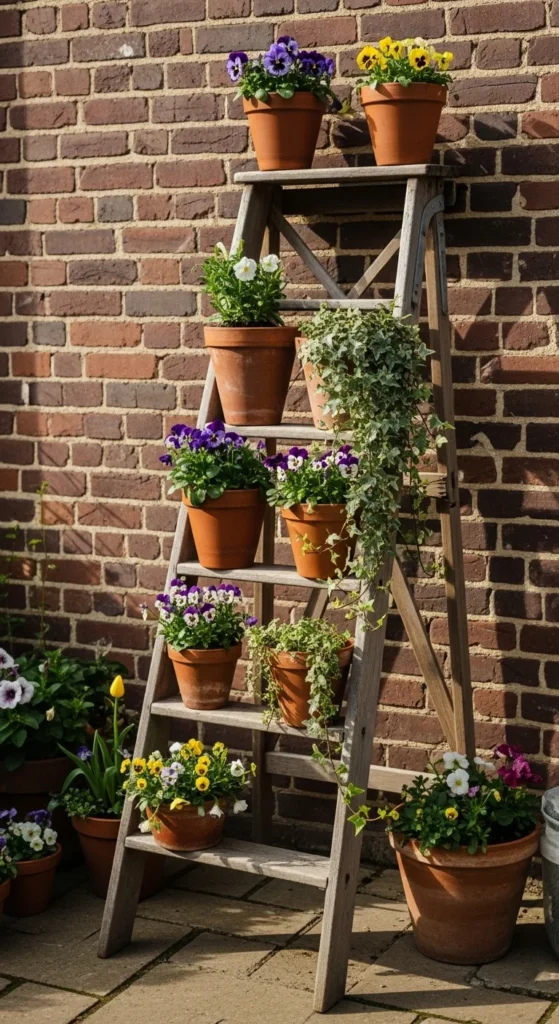 Repurposed Ladder Plant Displays