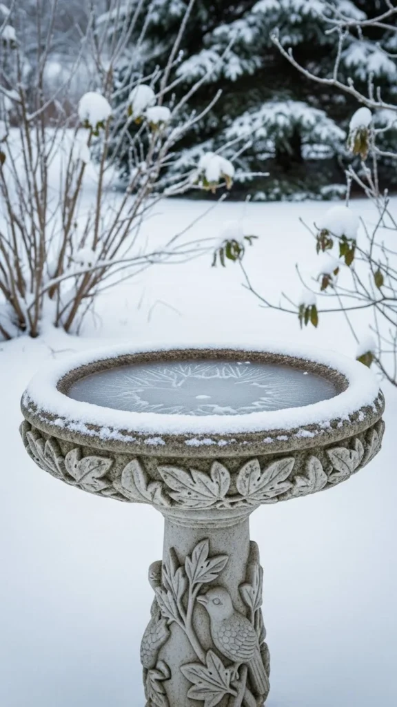 Stone Bird Bath Styled for Winter