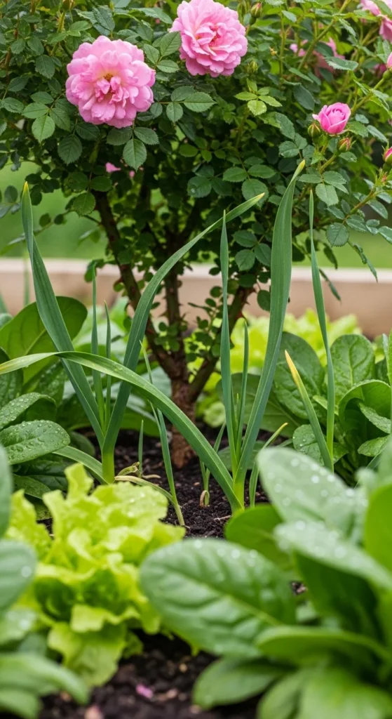 Garlic Around Roses and Greens